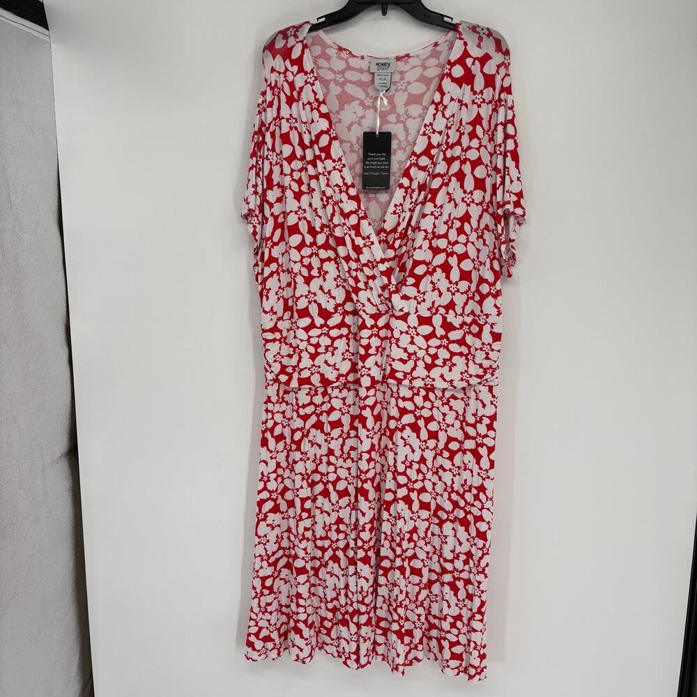 NWT Monroe & Main Red Floral V-Neck Jersey Midi Dress Size 3X Casual‎ Stretchy